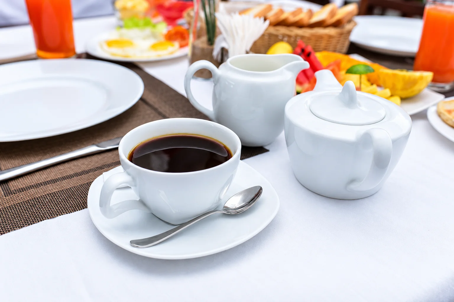 Warm coffee and breakfast close-up